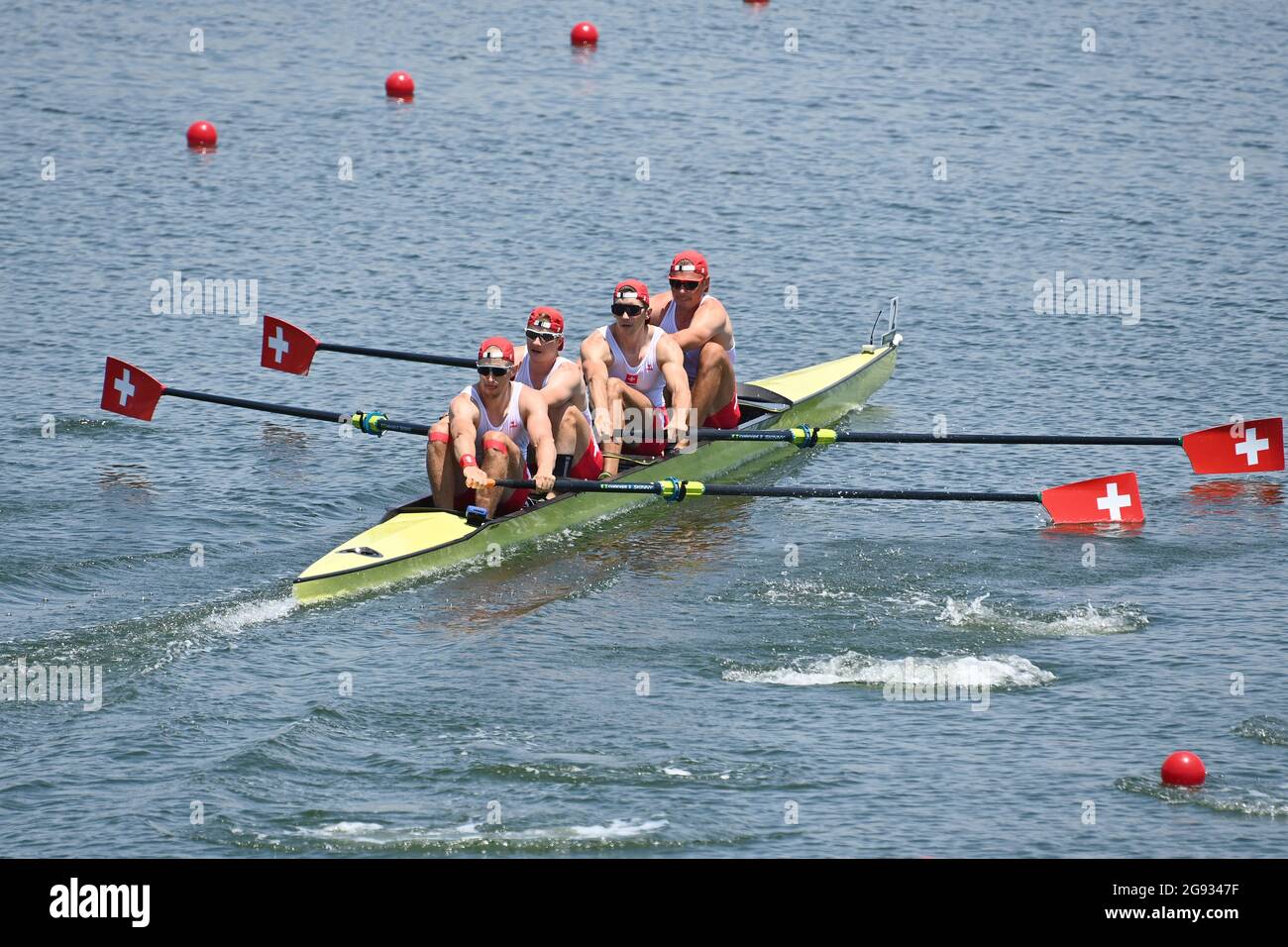Paul JACQUOT (SUI), Markus KESSLER (SUI), Joel SCHUERCH (SUI), Andrin GULICH (SUI), Maenner Vierer, Mens`s Four M4-, action. Rowing, rowing, prelims, heats on July 24th, 2021, Sea Forest Waterway. Olympic Summer Games 2020, from 23.07. - 08.08.2021 in Tokyo/Japan. Stock Photo